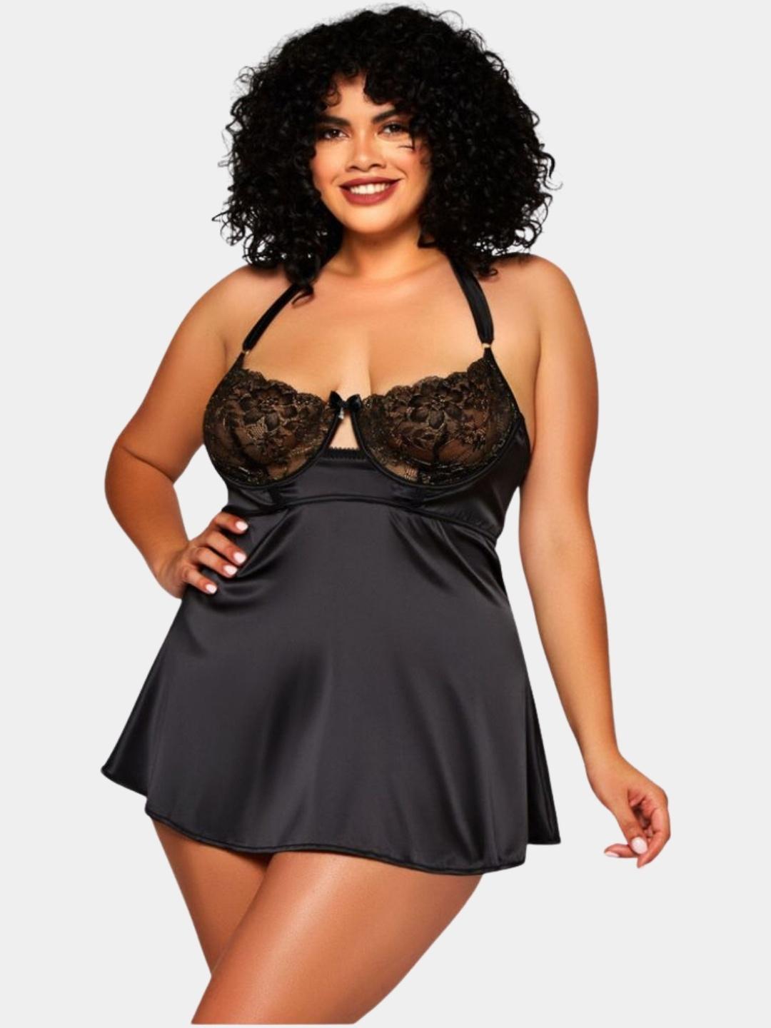 Buy Ribald The Neech Women Plus Size Black Satin Babydoll Lingerie Set - - Apparel for Women