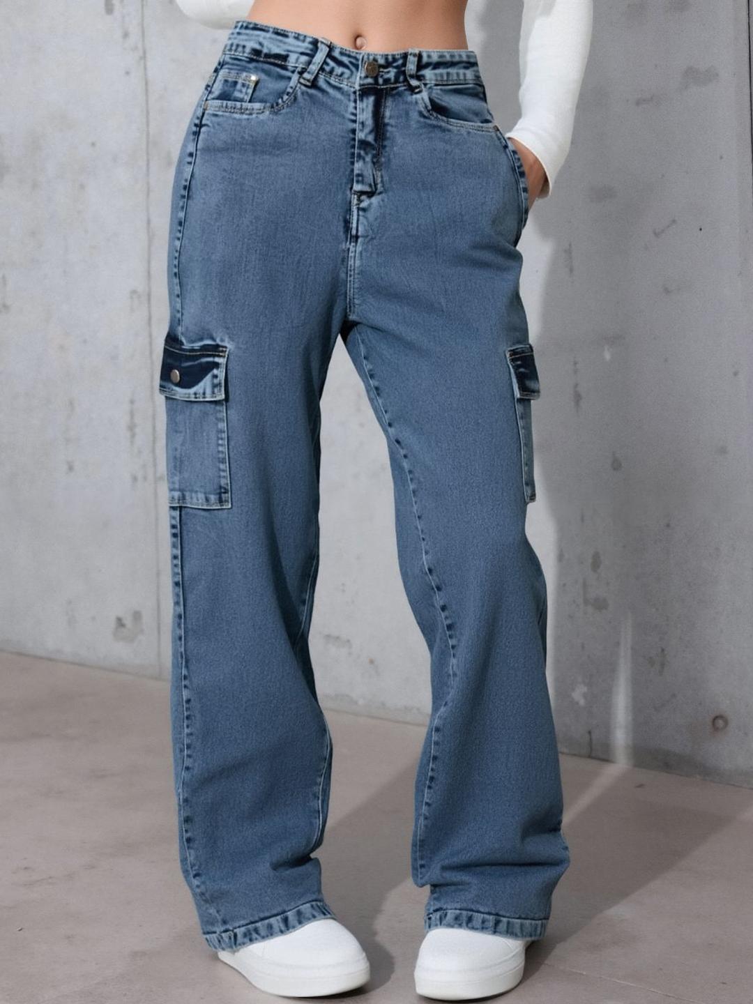 Hayler Women Jean Wide Leg Mid-Rise Light Fade Stretchable Cargo Jeans