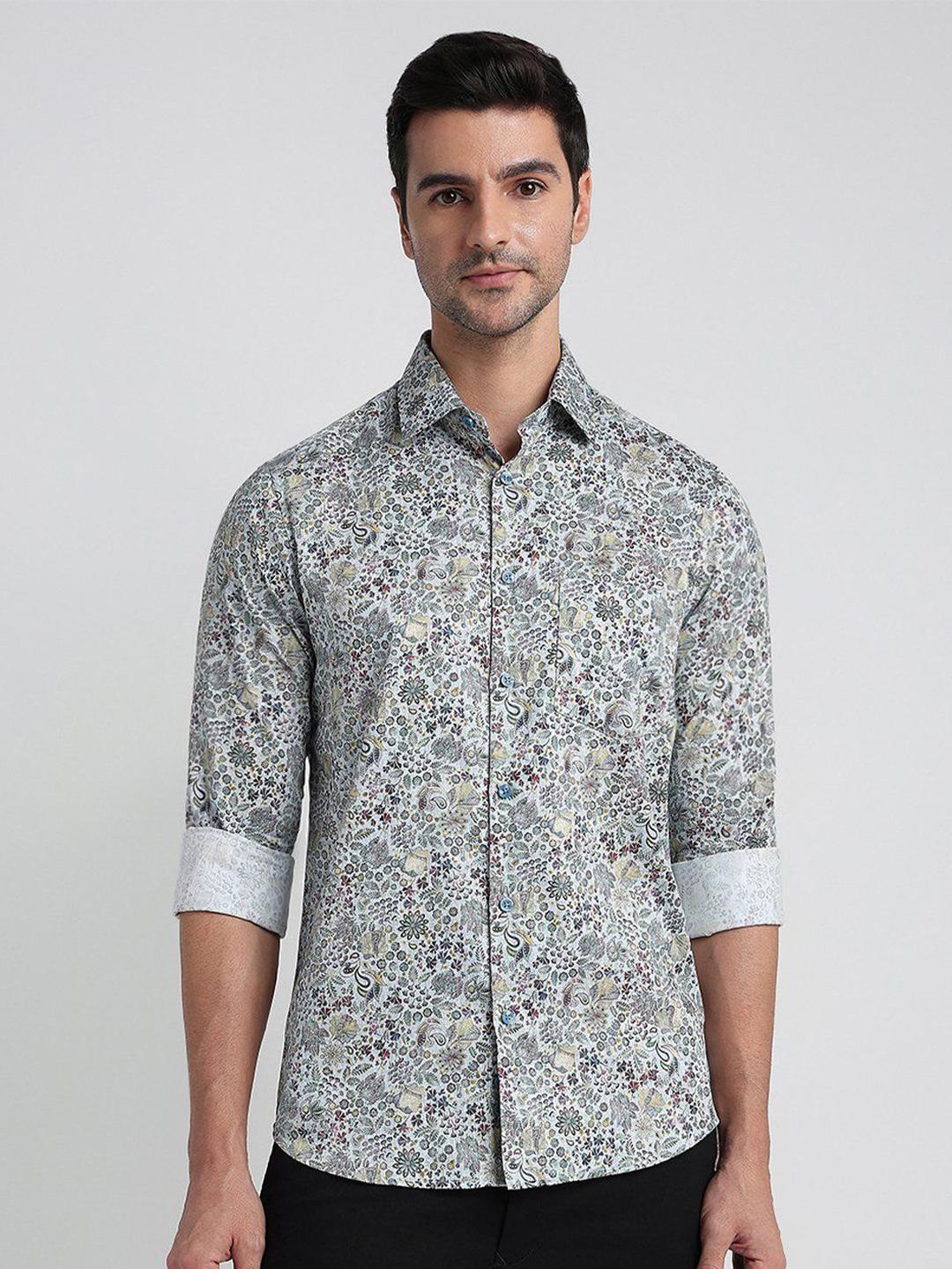 Men's Blue Slim Fit Floral Printed Spread Collar Cotton Casual Shirt main image 1