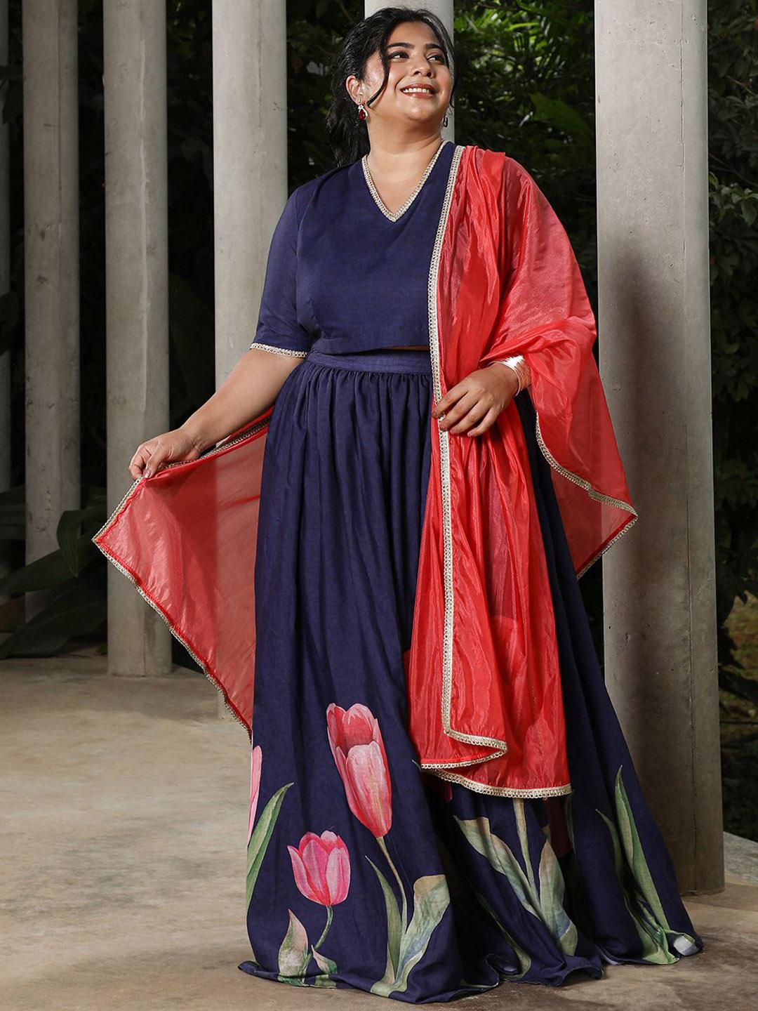 Buy Instafab Plus Printed V Neck Top & Skirt With Dupatta - - Apparel for Women
