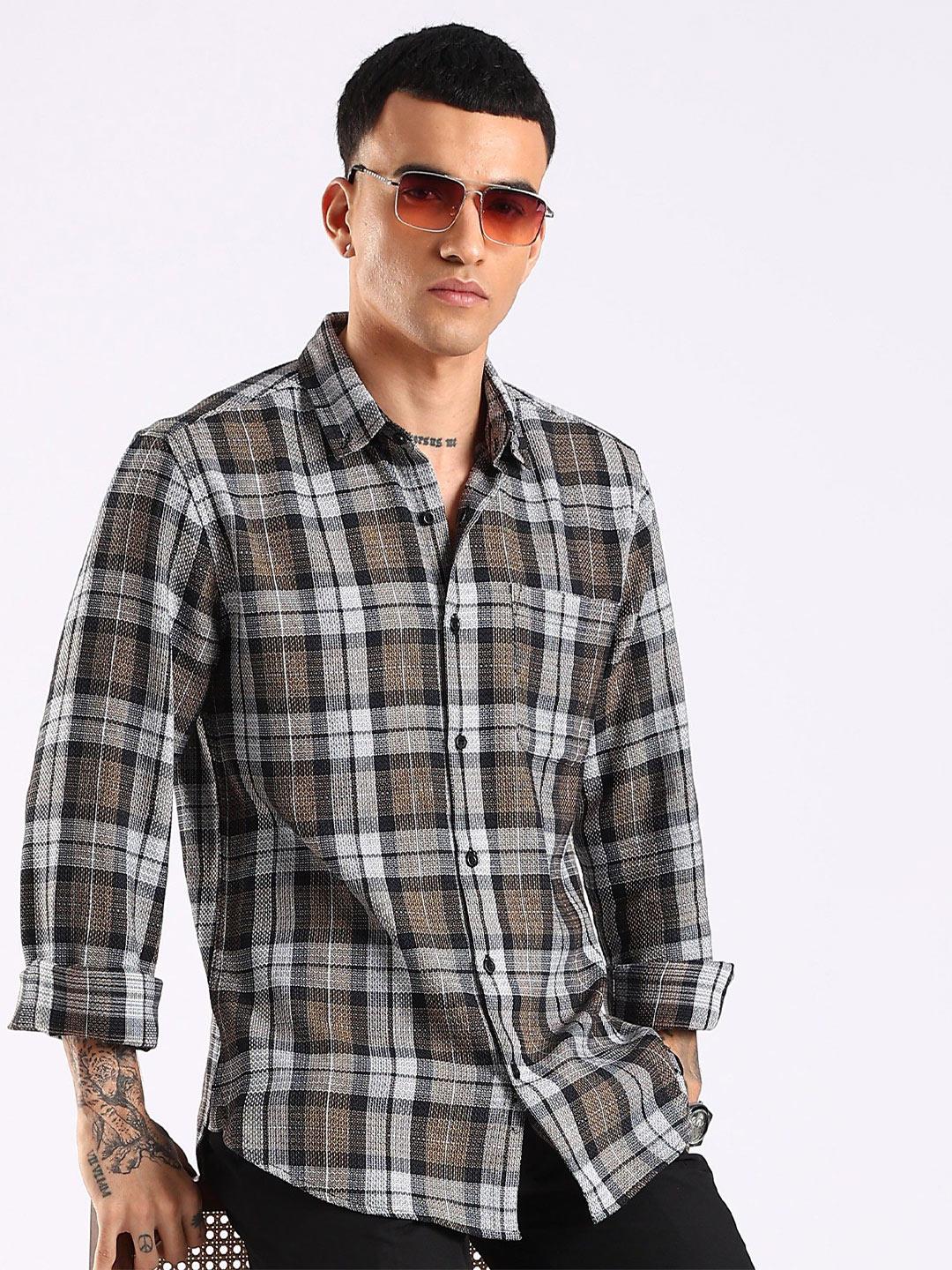 HERE&NOW  Tartan Checked Button-Down Collar Slim Fit Cotton Shirt