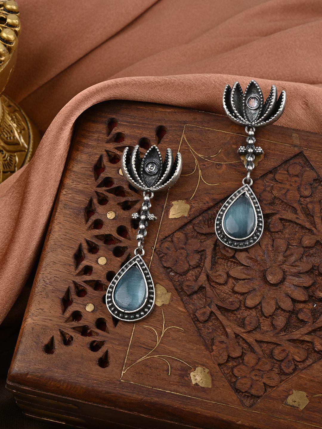 Buy VENI 92.5 Silver Plated Artificial Stones Studded Oxidised Teardrop Drop Earrings - - Accessories for Women