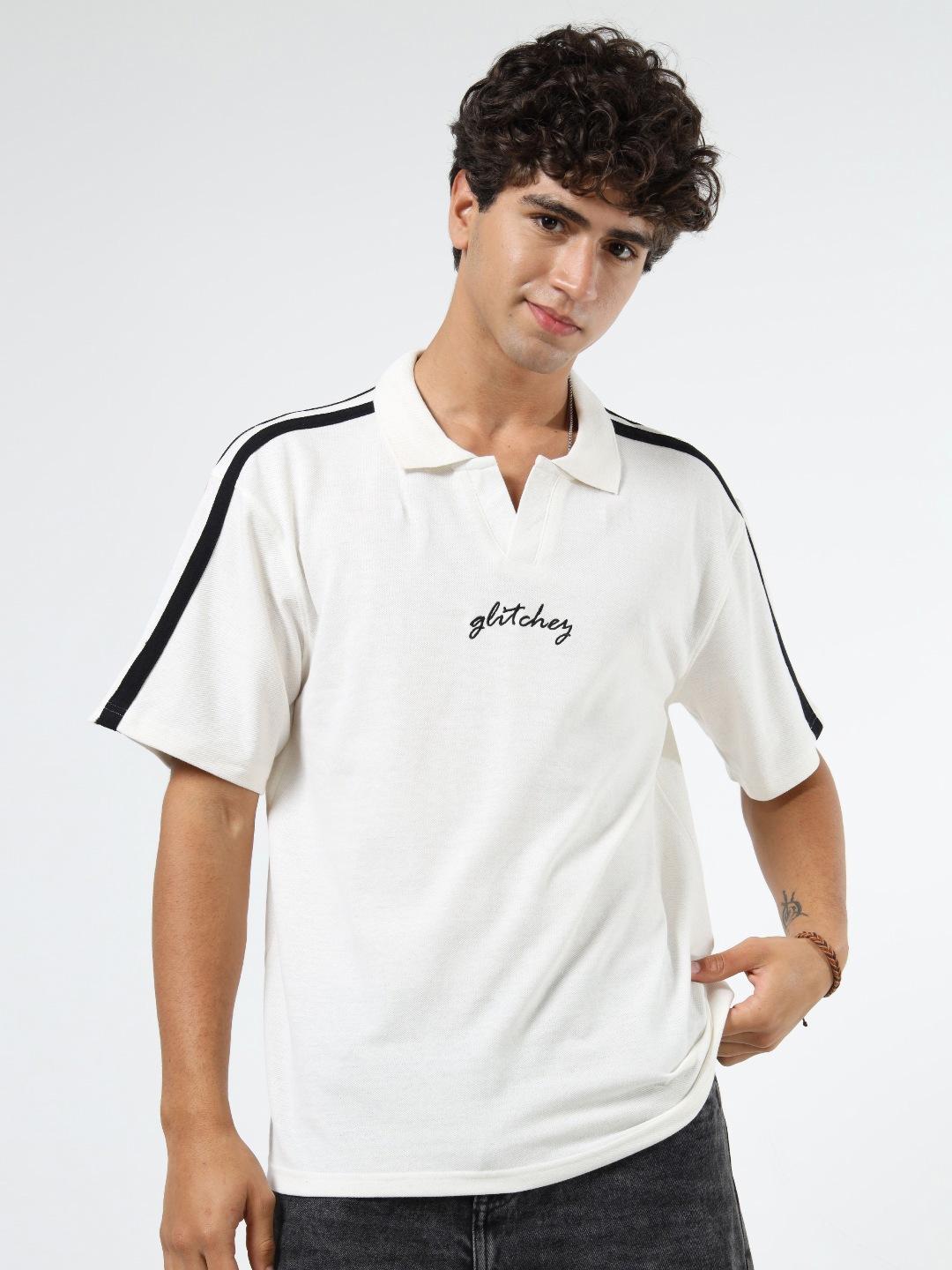 glitchez Typography Printed Polo Collar Oversized T-shirt