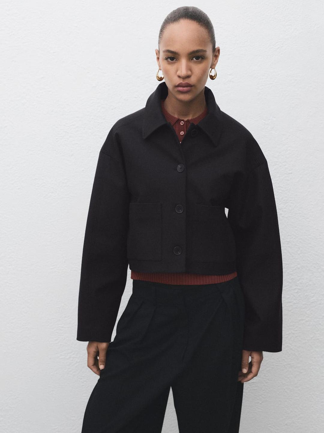 MANGO Spread Collar Crop Tailored Jacket
