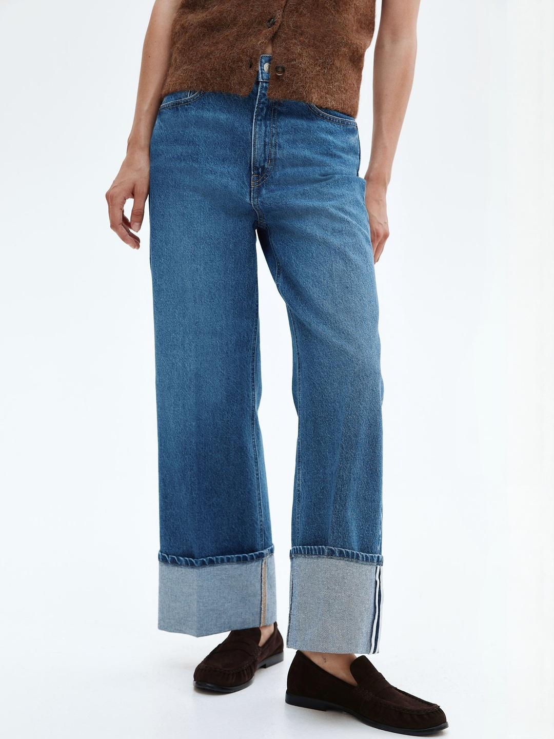 H&M Women Wide Leg Mid-Rise High Ankle Cotton Jeans