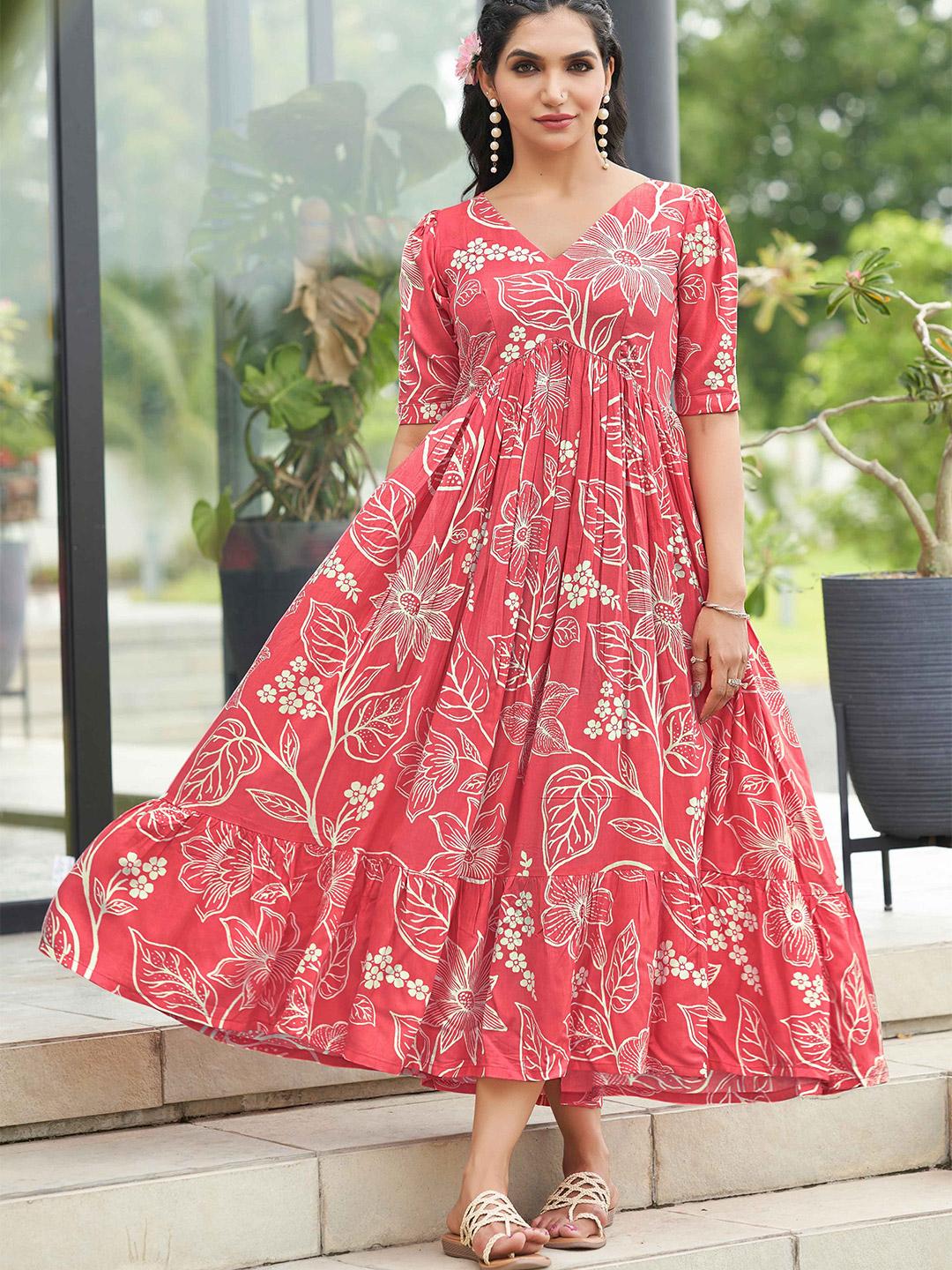 496114 Buy CHANSI Women Floral Printed V Neck Three Quarter Sleeve Maxi Dress ...