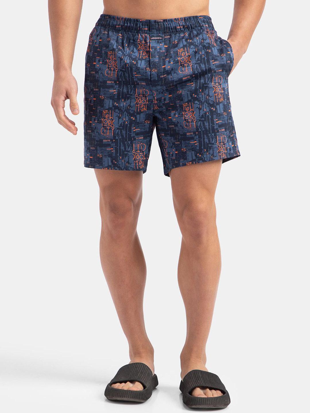 Jockey Men's Super Combed Cotton Printed Boxer Shorts with Side Pocket - Blue (Random Prints)
