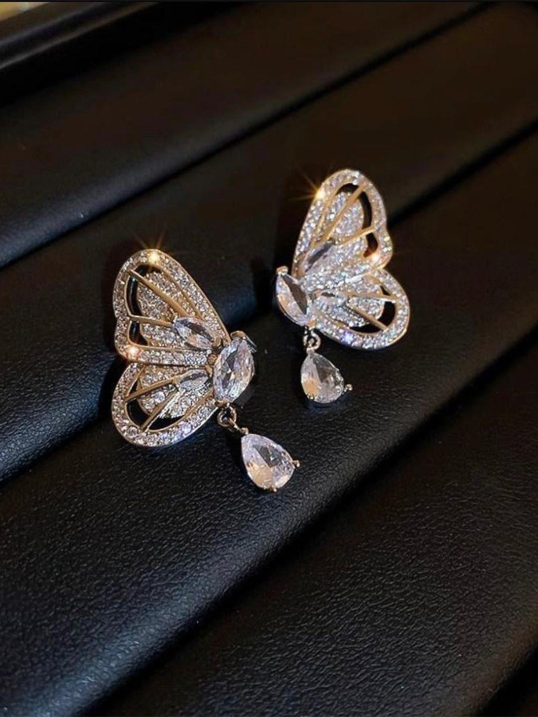 Buy Estailo Fashion Silver Plated Artificial Stones Studded Butterfly Shaped Drop Earrings - - Accessories for Women