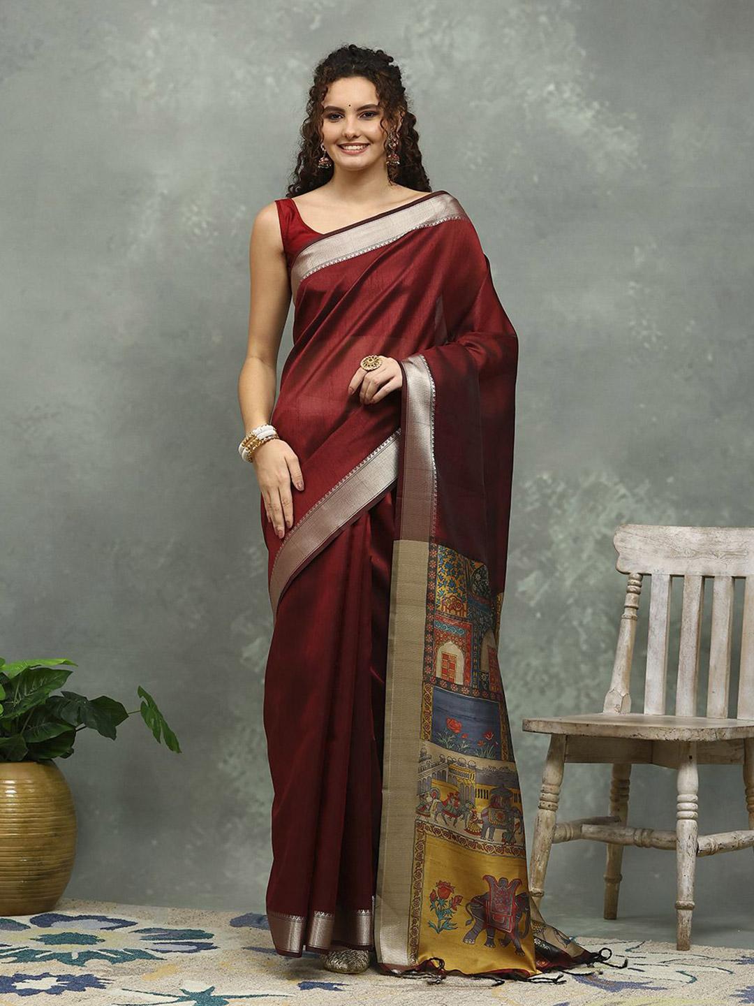 Buy Meena Bazaar Woven Design Border Zari Saree With Blouse Piece ...