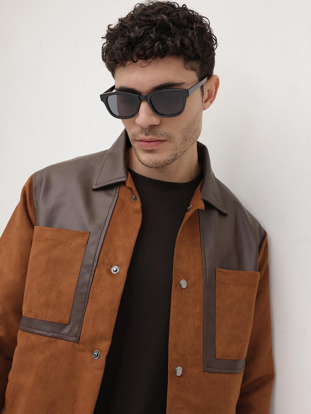 The Roadster Life Co. Colourblocked Faux Leather Spread Collar Tailored Jacket