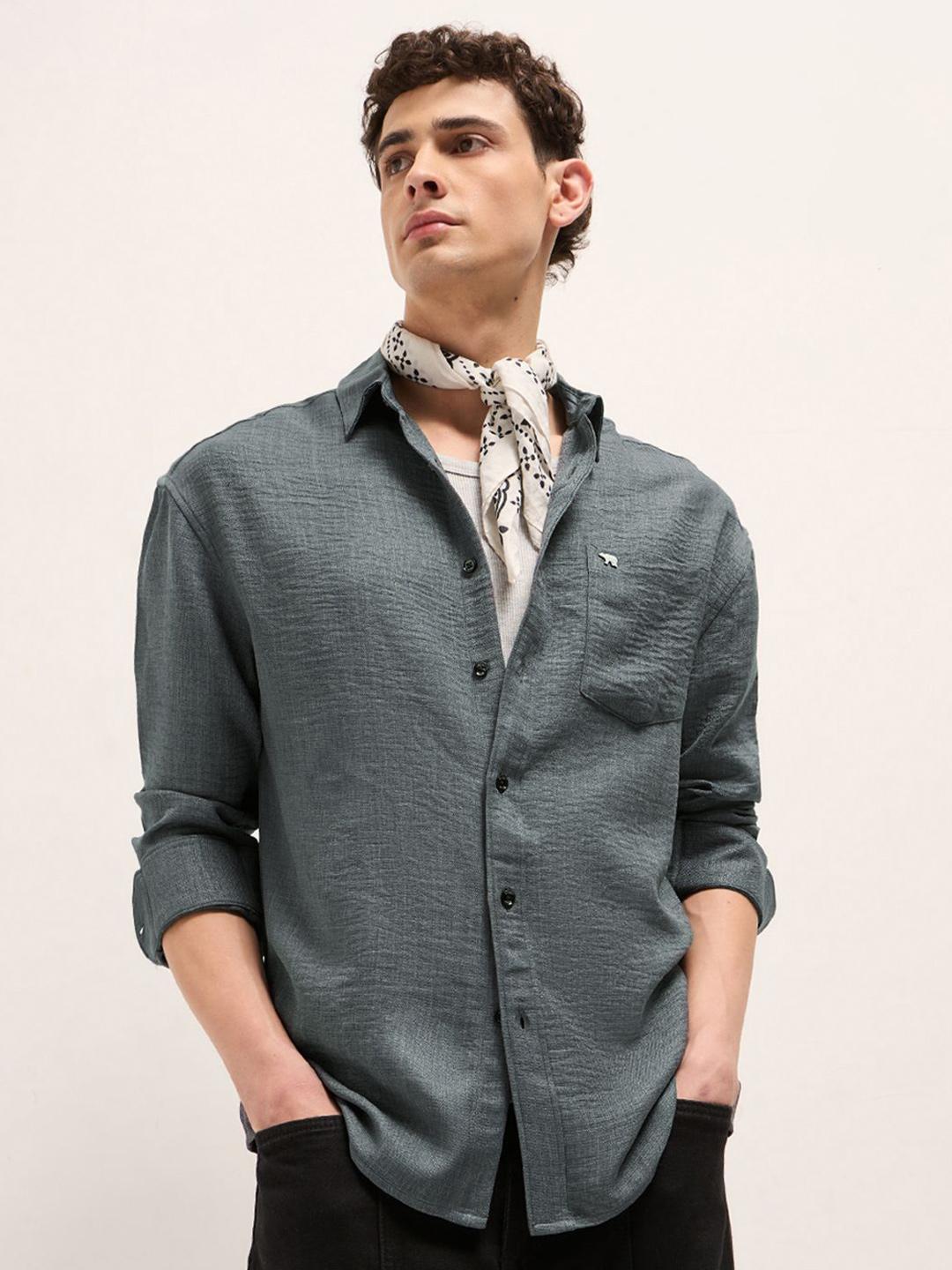 THE BEAR HOUSE Men Textured Spread Collar Casual Cotton Shirt