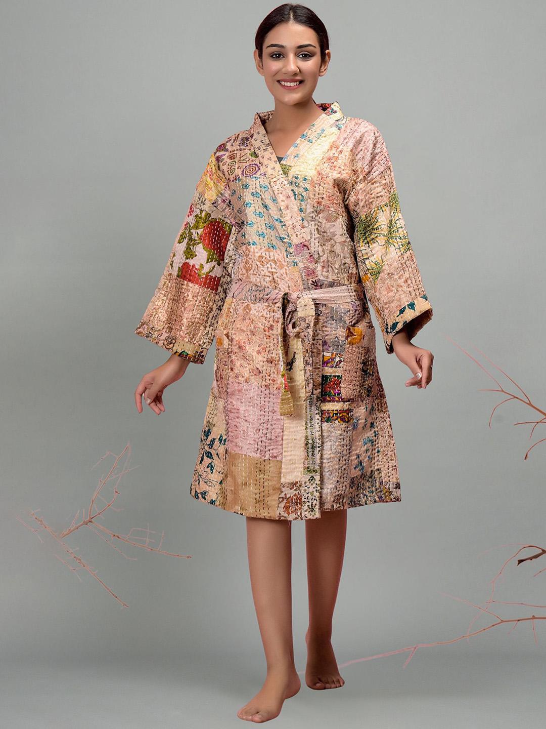 Buy HANDICRAFT PALACE Floral Printed Thread Work Silk Bathrobe - Robe ...