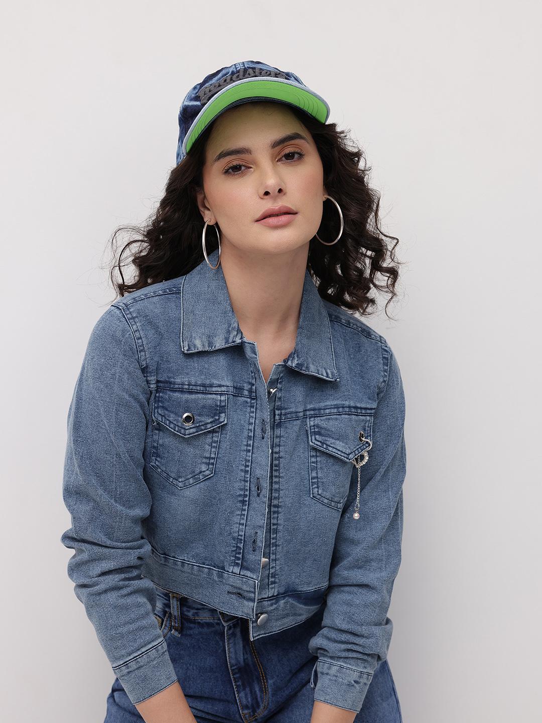 The Roadster Life Co. Crop Denim Jacket With Embellished Detail