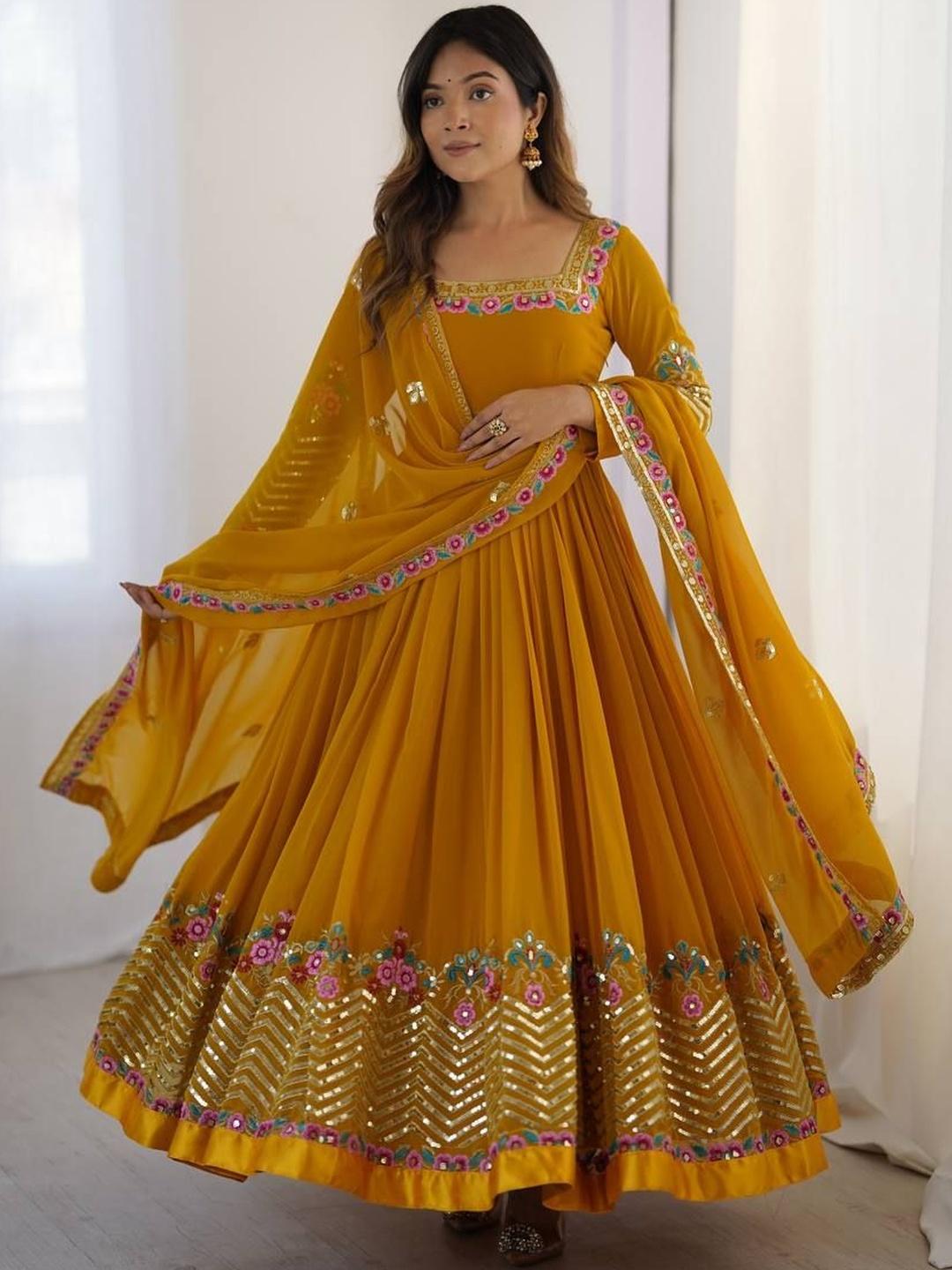 Floral Embroidered Sequinned Kurta With Palazzos & Dupatta