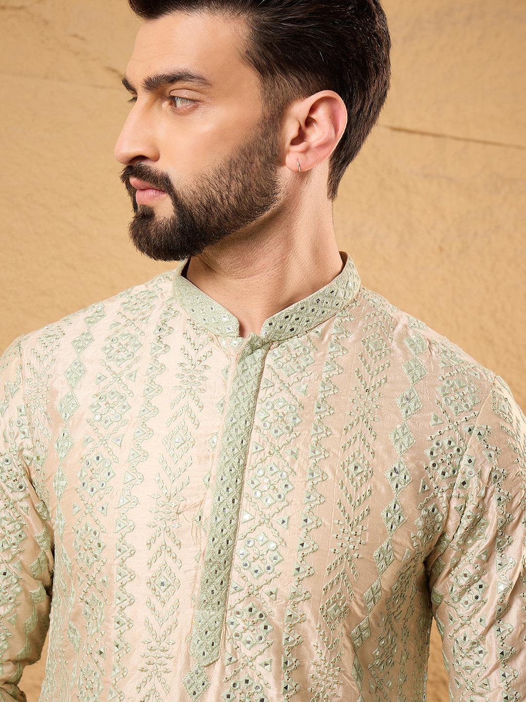 Embroidered And Mirror Work Straight Kurta Set For Men,
