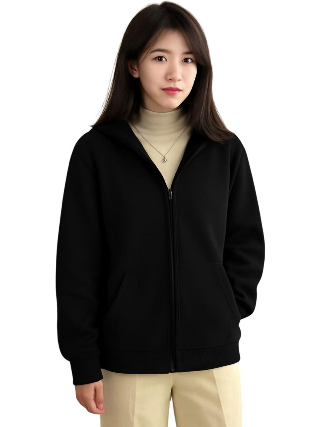 SZN Women Fleece Black Solid Open Front Jacket