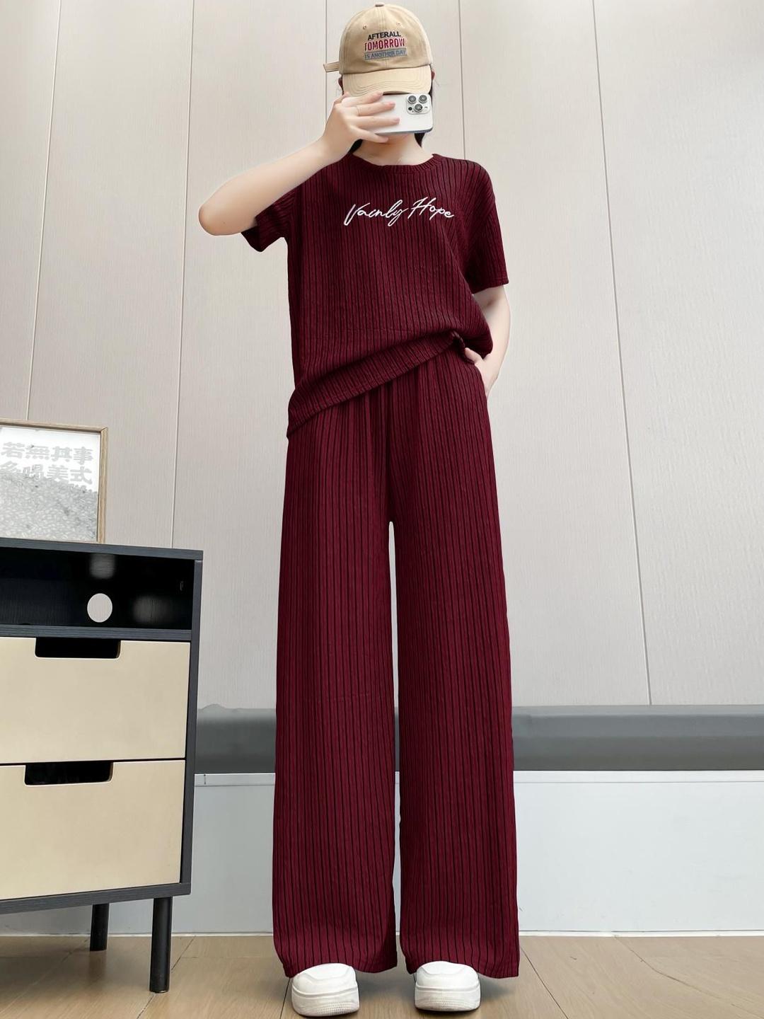 Women Maroon Striped Round Neck Full Sleeve Top With Straigh Trousers
