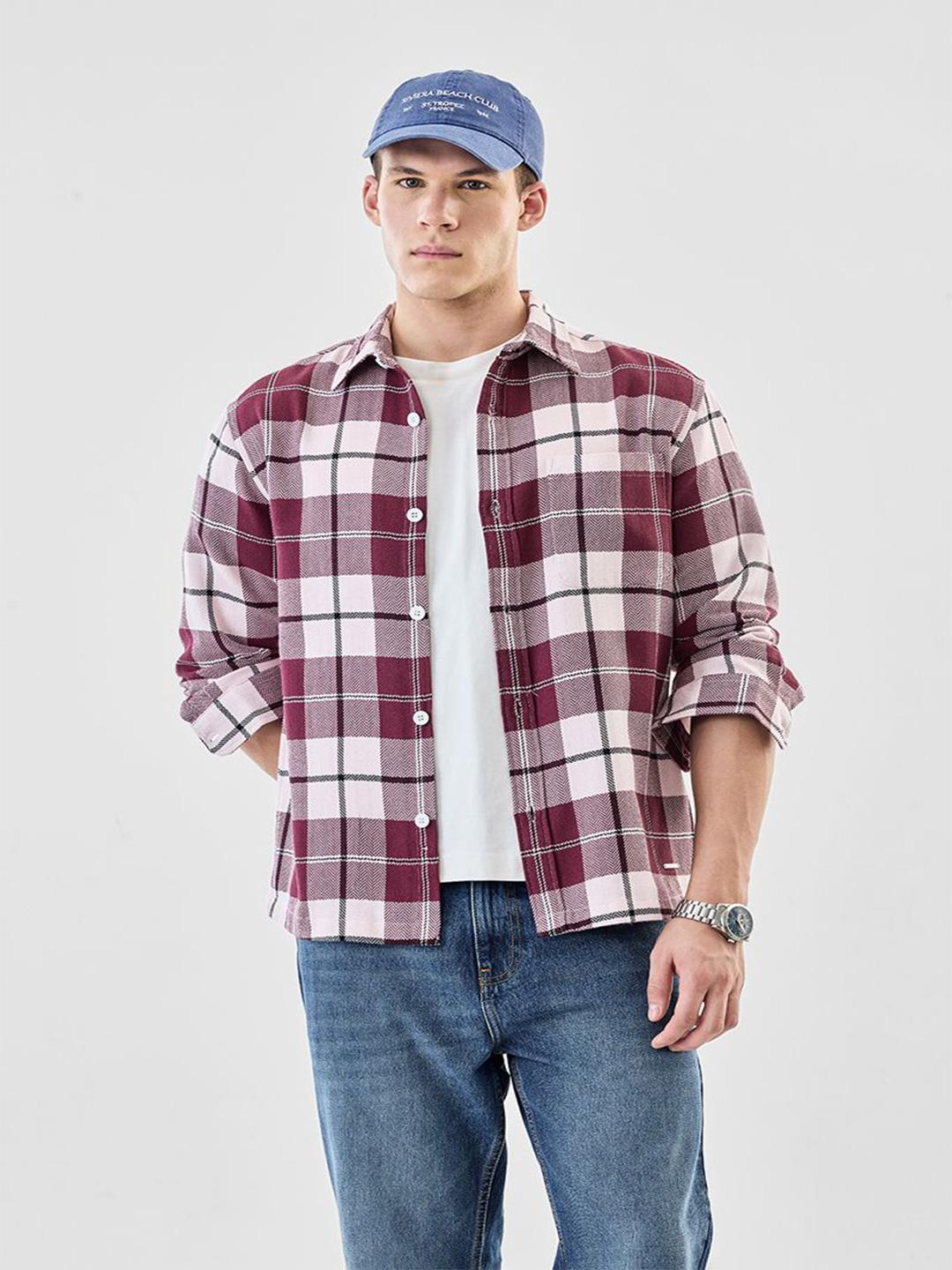 Snitch Men Relaxed Fit Tartan Checked Spread Collar Casual Shirt