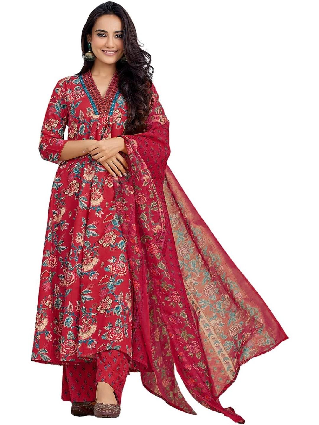 Women Maroon Floral Printed Pure Cotton V-Neck Kurta & Palazzos With Dupatta main image 1