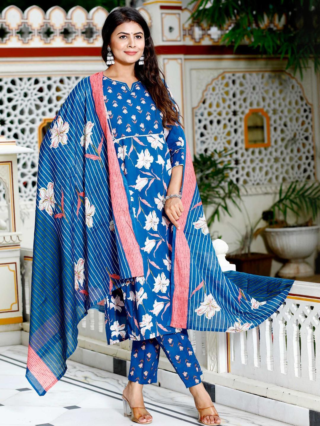 Buy Angkor Women Blue Pure Cotton With Dupatta - Kurta Sets for Women ...