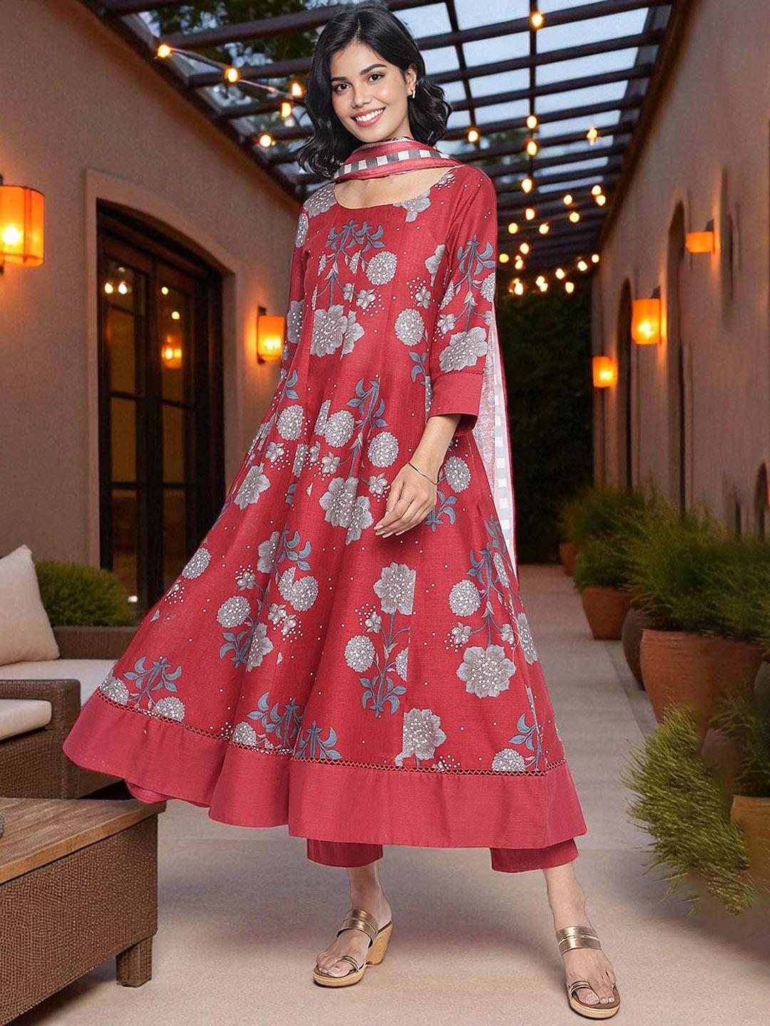 Women Yellow A-line Printed Kurta Trouser Dupatta