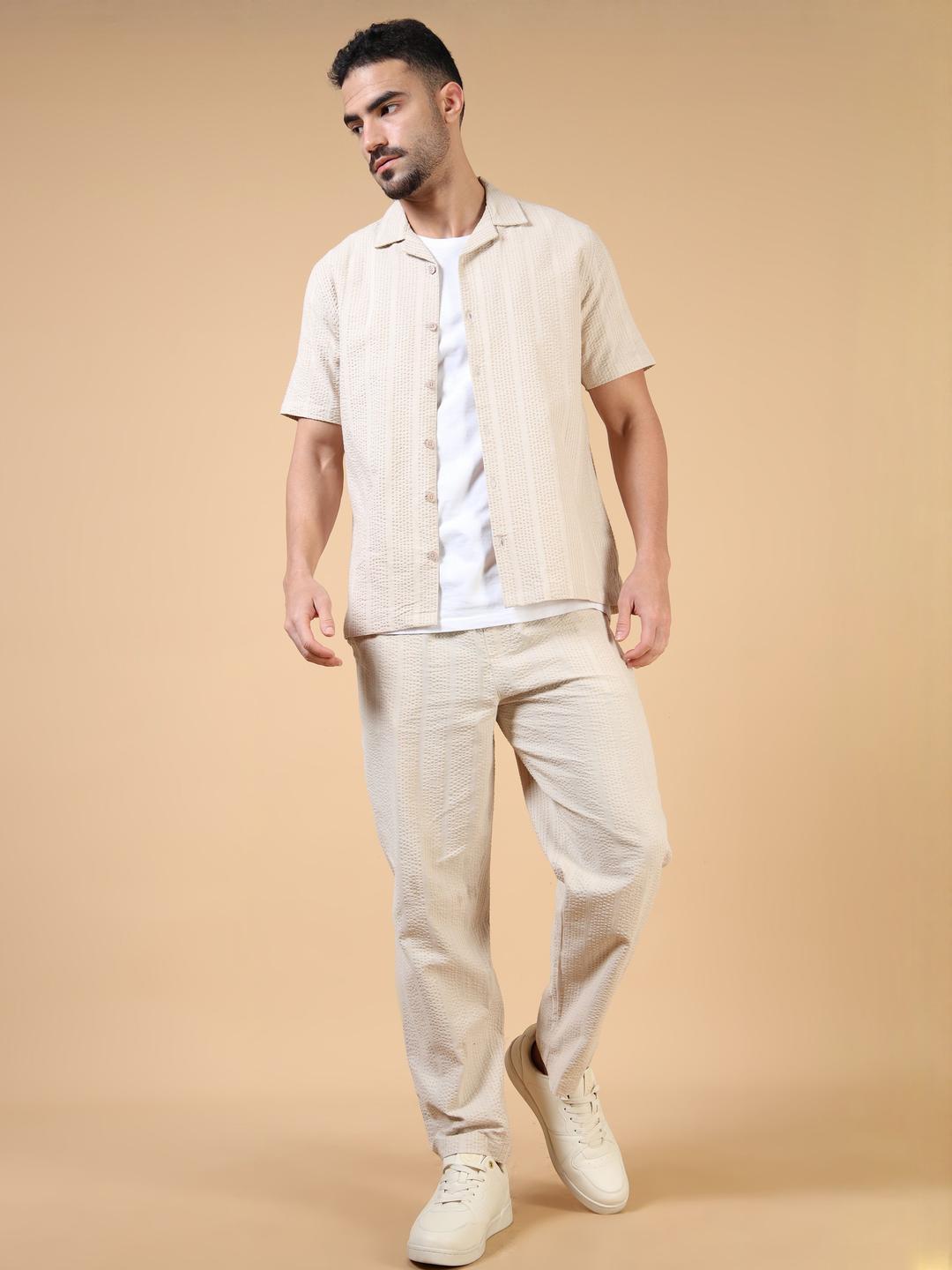 Buy StitchX Men Airport Look Textured Seersucker Resort Cotton Shirt & Trouser Co Ord Set -  - Apparel for Men