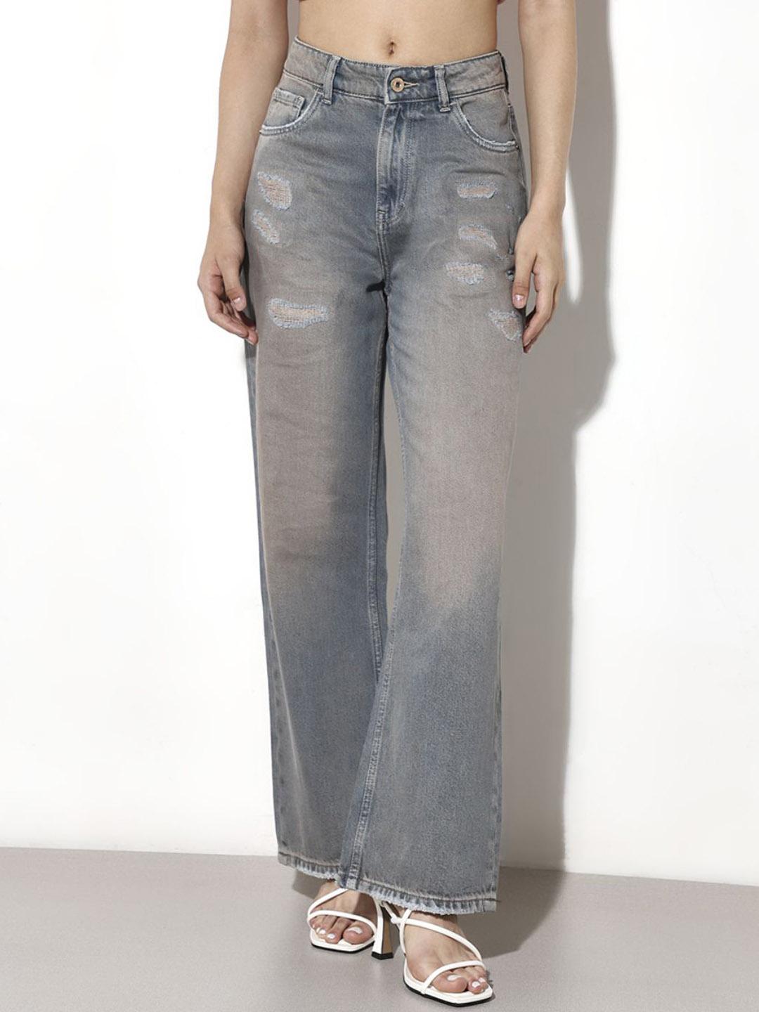 ONLY Women Straight Fit Cotton Mid-Rise Heavy Fade Jeans
