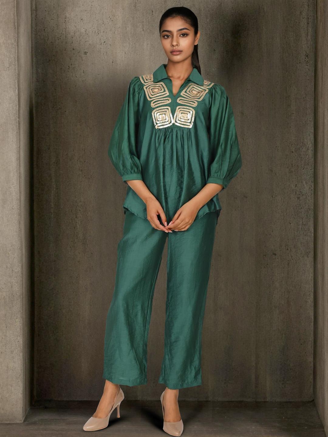 Buy Dora Dori Sequin Embroidered Shirt Collar Chanderi Tunic & Trousers V Neck Co Ord Set - - Apparel for Women