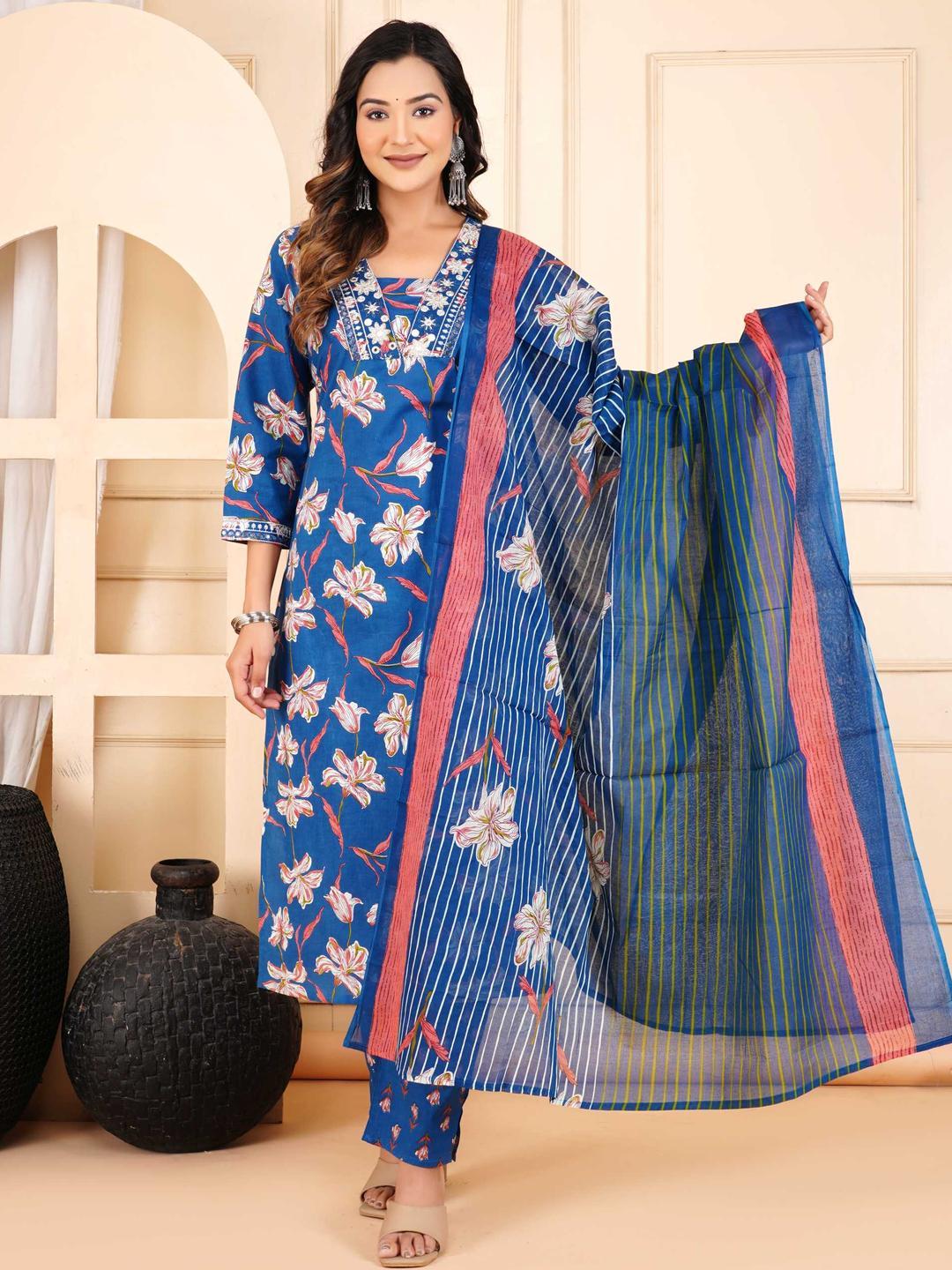 Buy Angkor Women Blue Pure Cotton With Dupatta - Kurta Sets for Women ...