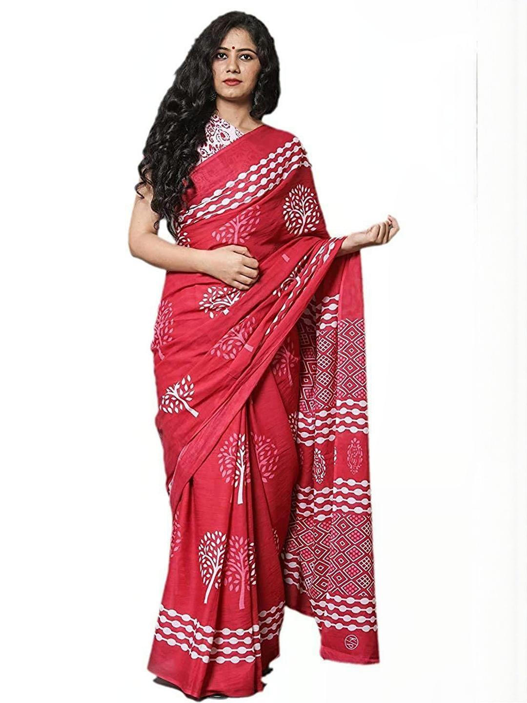 Buy Dastkar Ethnic Motifs Pure Cotton Block Print Saree - Sarees for ...