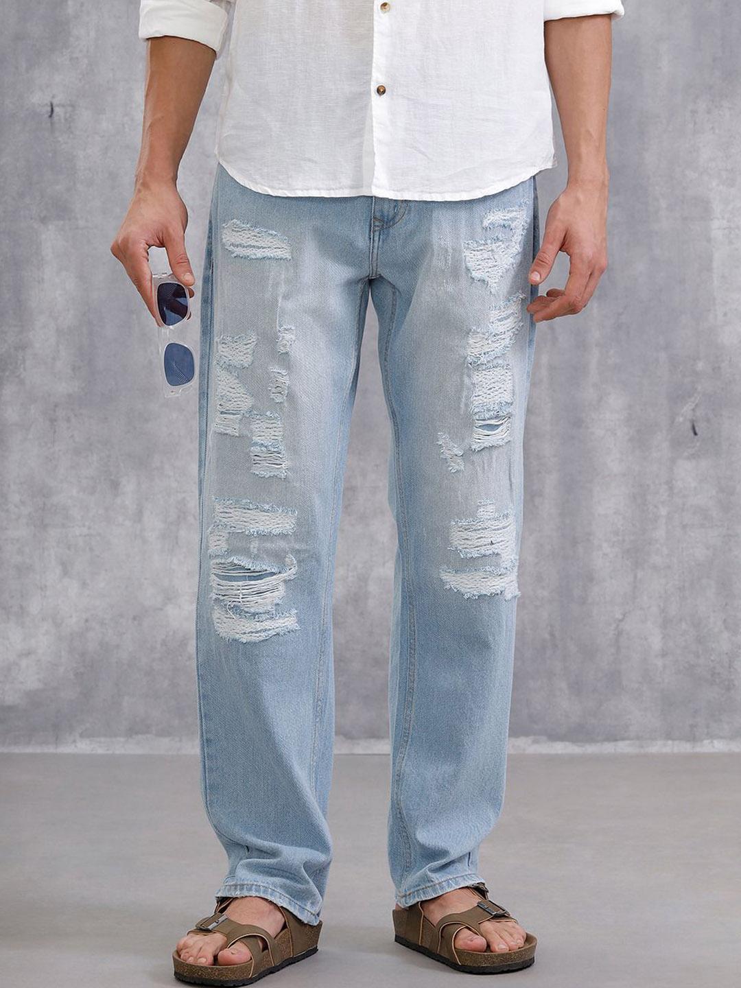 WROGN Men Comfort Relaxed Fit Mid-Rise Highly Distressed Heavy Fade Jeans