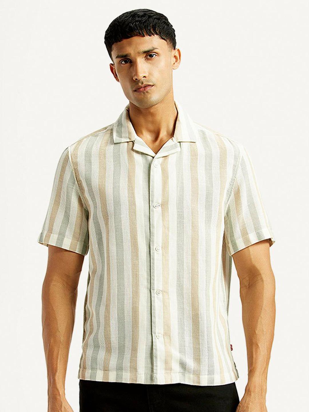 Men's Olive Comfort Cuban Collar Vertical Striped Cotton Casual Shirt