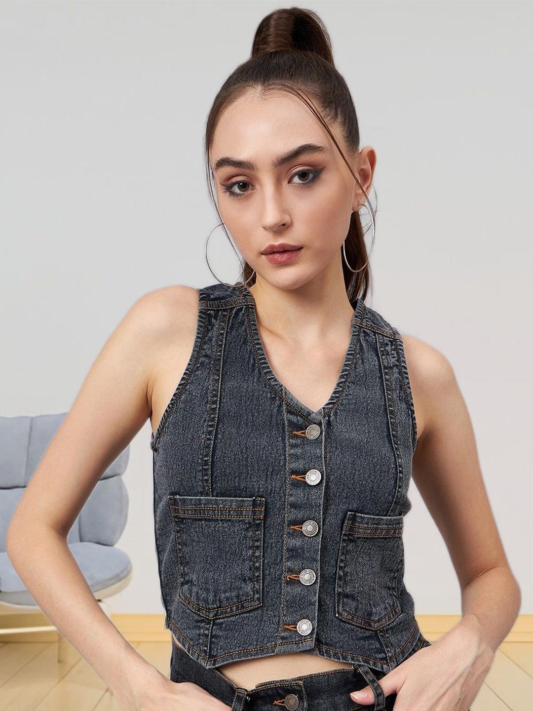 Buy R.Code By The Roadster Life Co. Geometric Cotton Denim Crop Top ...