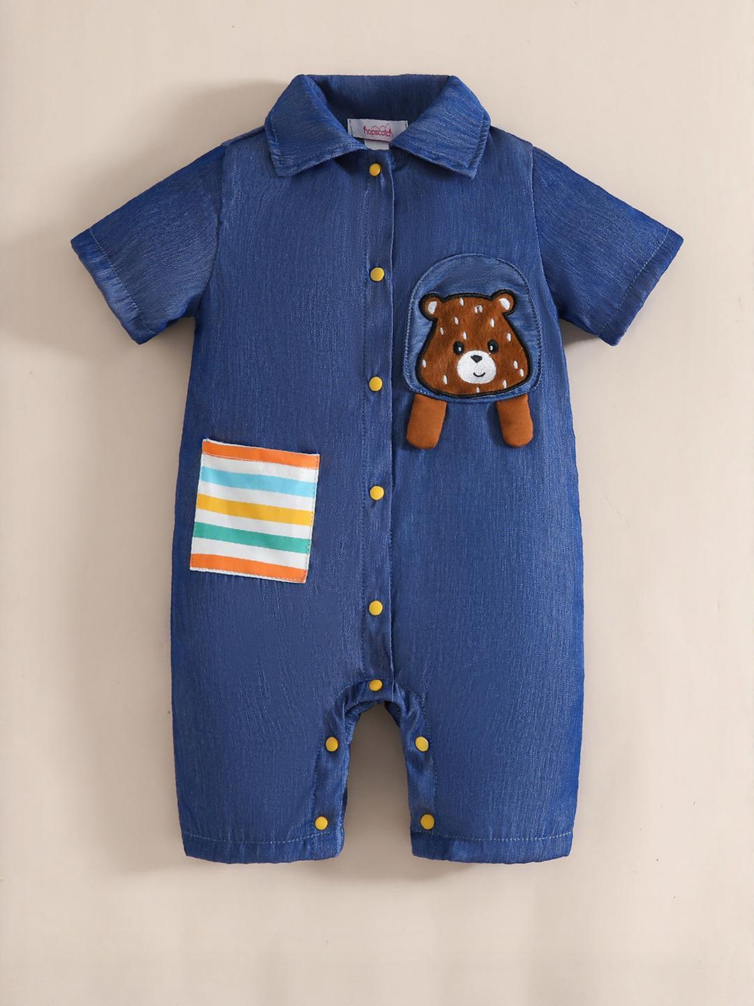 Buy Hopscotch Denim Bear Buddy Cotton Romper - - Apparel for Boys