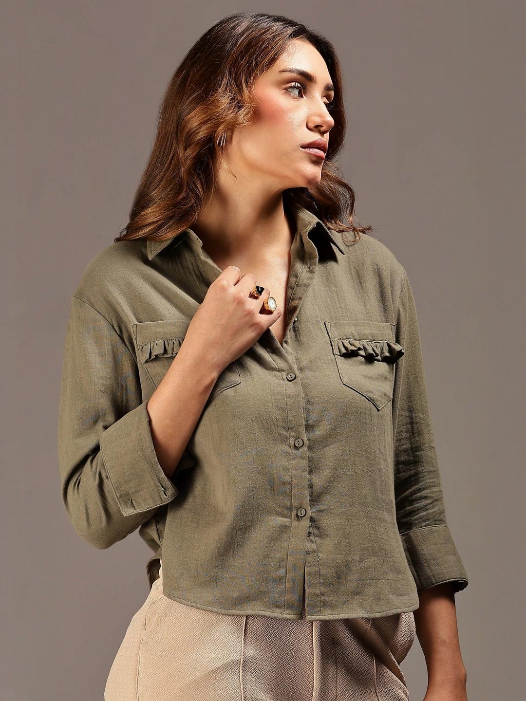 Long Sleeve Spread Collar Shirt Cotton Shirt
