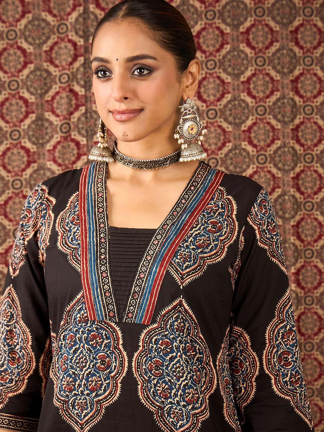Buy Indo Era Printed Pure Cotton V Neck Tunic With Trouser -  - Apparel for Women