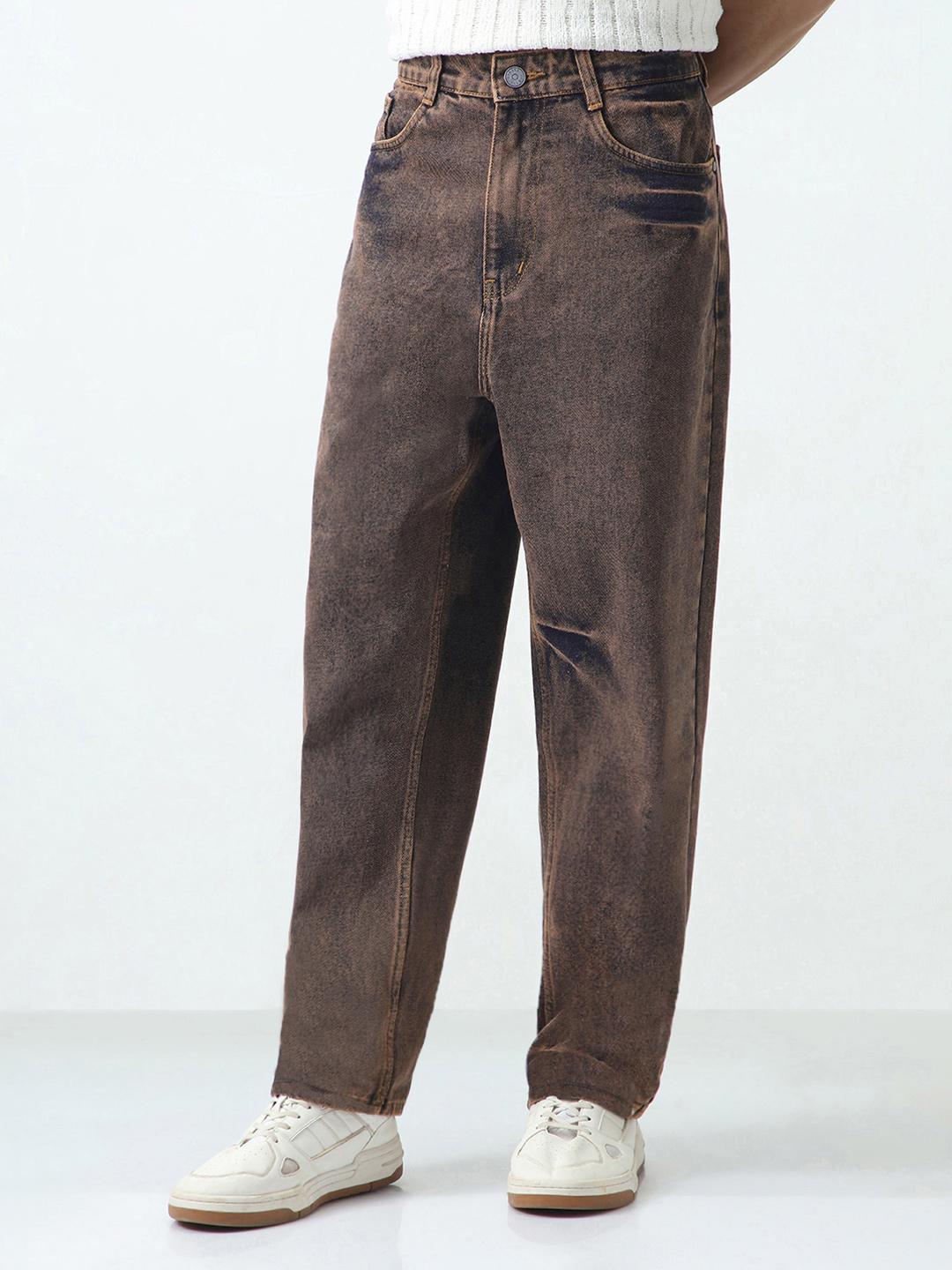 Urbano Fashion Men Light Brown Loose Baggy Fit Washed Non-Stretchable Jeans