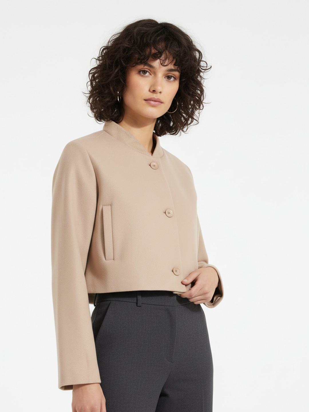 glitchez Stand Collar Relaxed Fit Crop Tweed Tailored Jacket