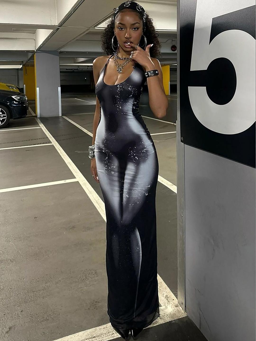 Zucchini Print Halter Neck Bodycon Maxi Dress - Image 1