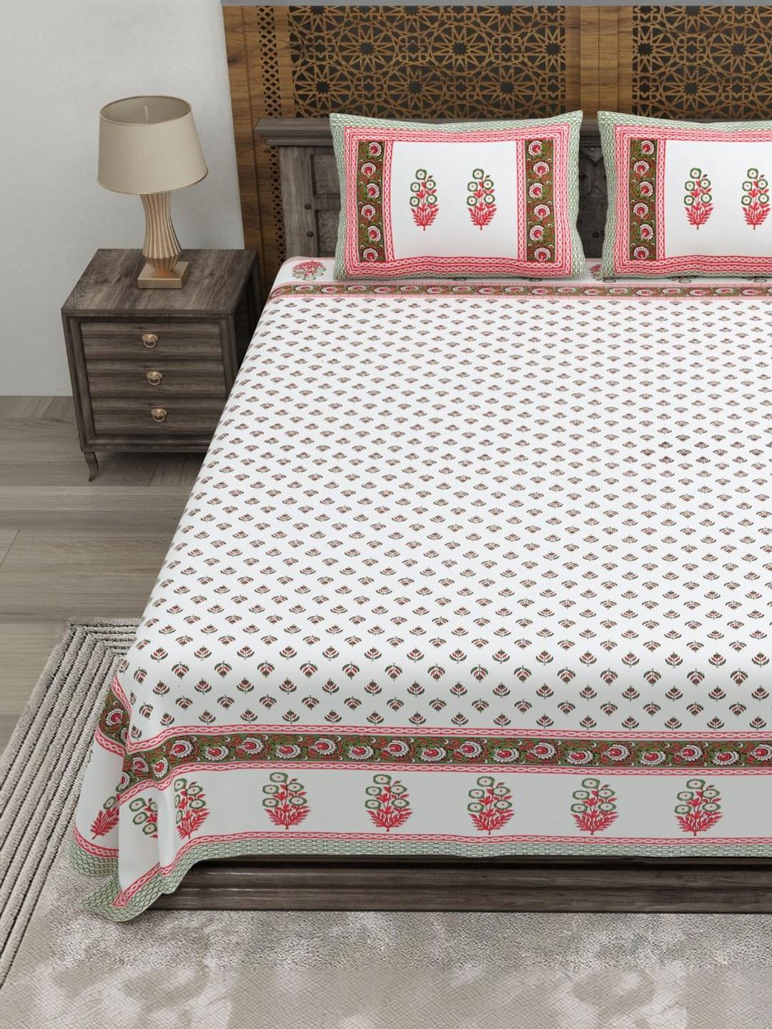 Buy CLOTHOLOGY Crimson & Fern Floral Gulbagh Cotton Double Flat 180 TC Jaipuri Prints Bedsheet Set -  - Home for Unisex