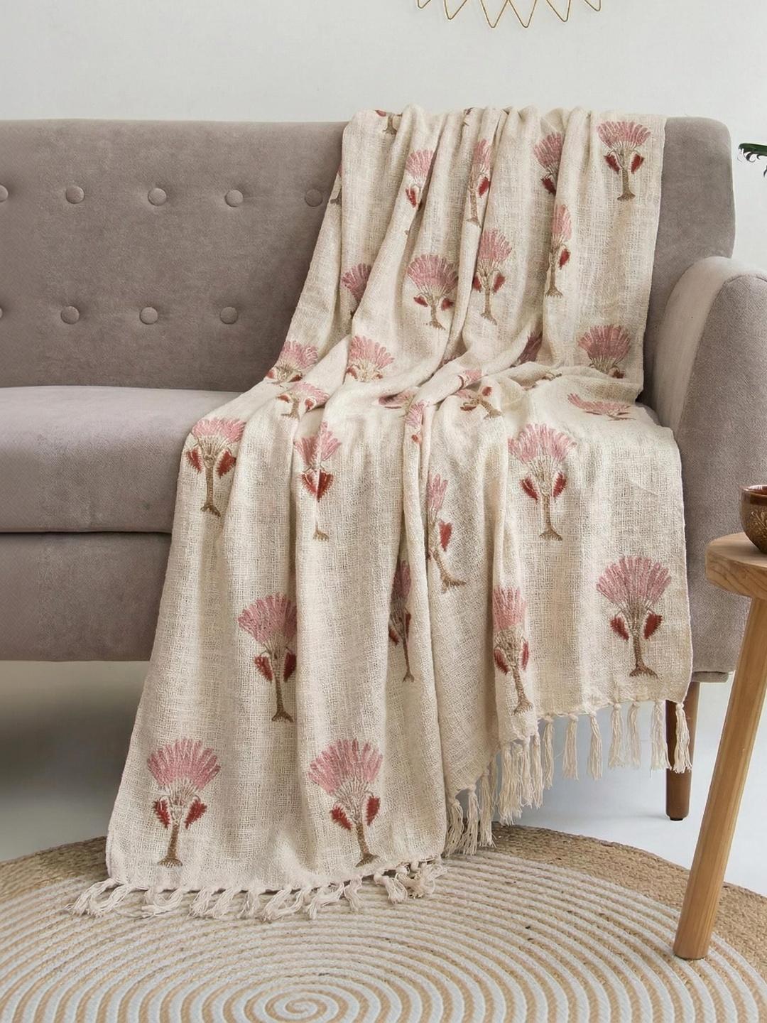 Buy DMAASA White & Pink Botanical Tree Block Print Throw - Throws for ...