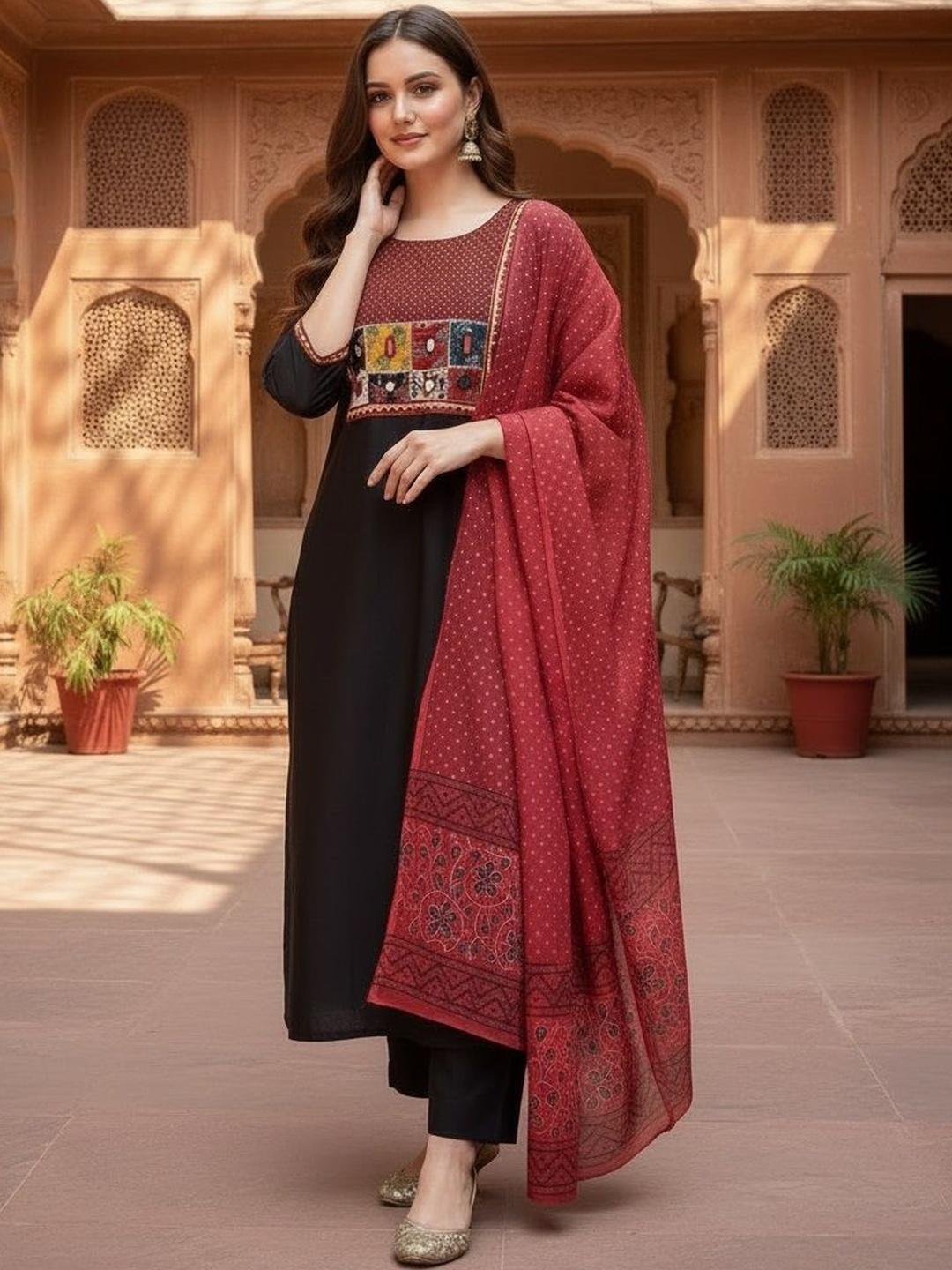 Ethnic Motifs Embroidered High Slit Threadwork Kurta with Trousers and Printed Dupatta