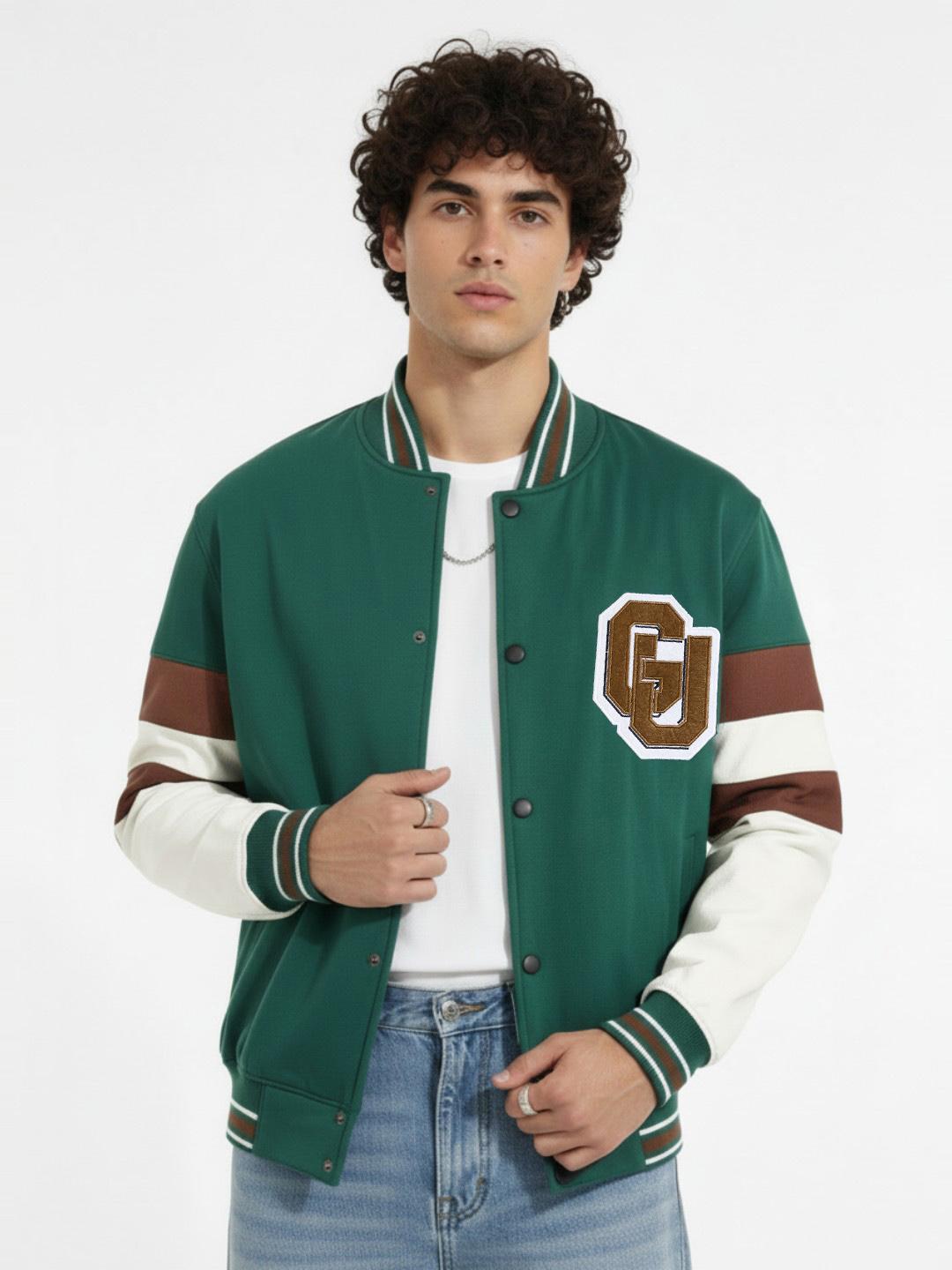 glitchez Typography Applique Detail Stand Collar Fleece Relaxed Fit Varsity Jacket