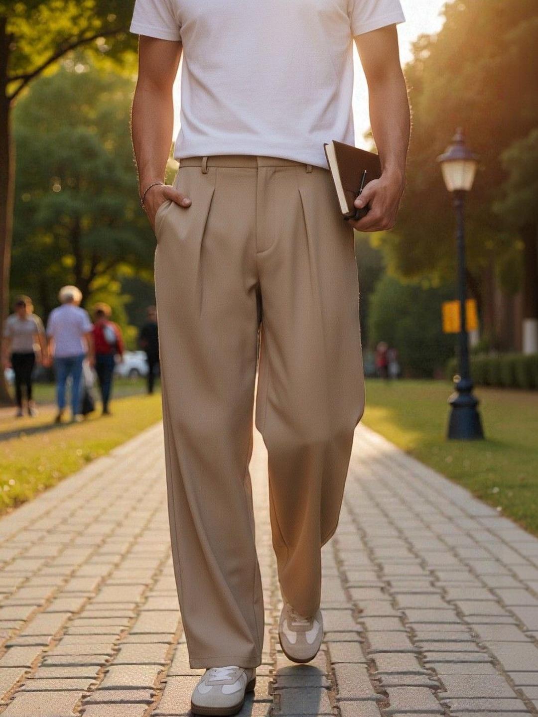 BROADSTAR Men Smart Straight Fit Pleated Trousers