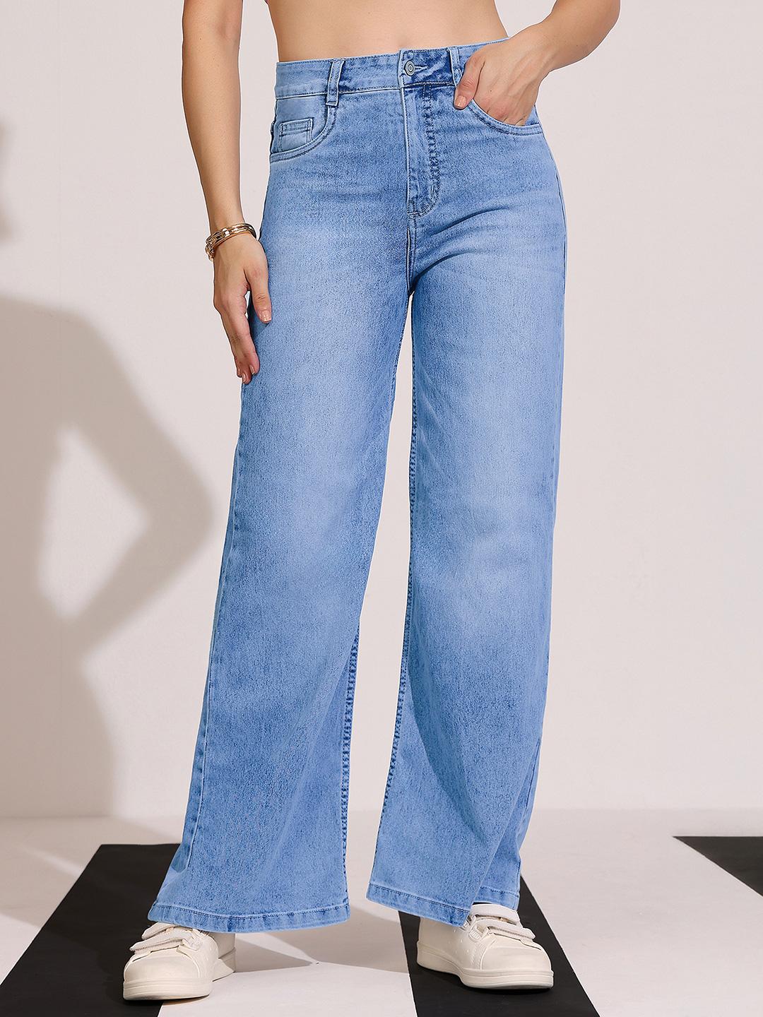 DOLCE CRUDO Women Wide Leg High-Rise Light Fade Stretchable Jeans