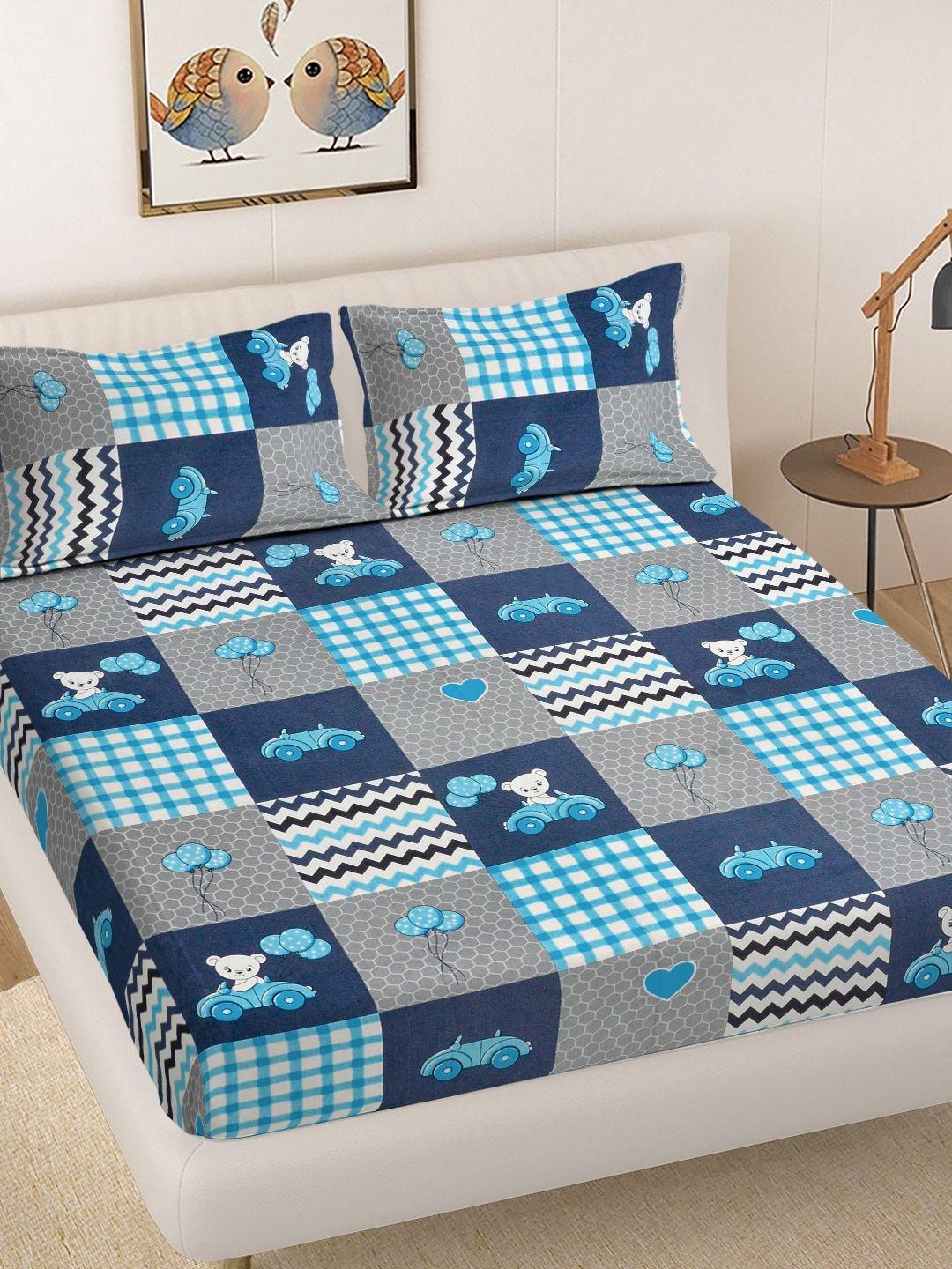Buy FABINALIV Blue Cartoon Print 300 TC Pure Cotton King Size Bedsheet With 2 Pillow Covers - - Home for Unisex Kids