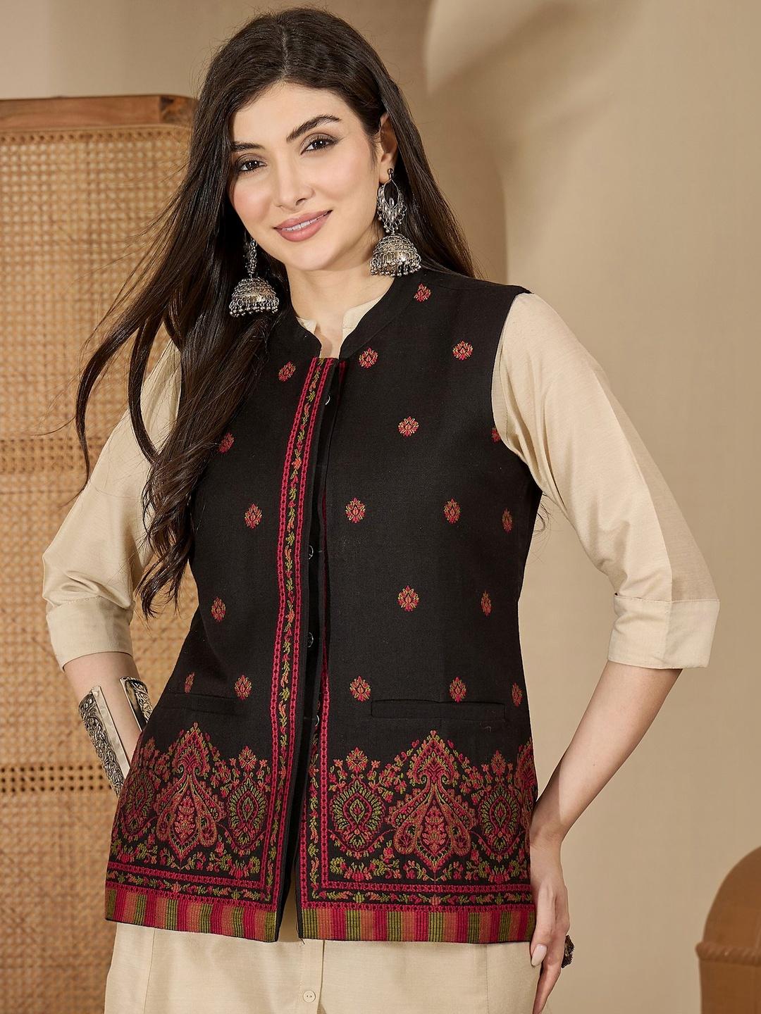 Sangria Woven Design Woolen Mandarin Collar Nehru Jacket