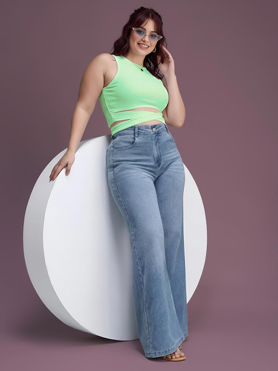 Miss Chase A+ Women Plus Size Light Blue Wide-Leg High Rise Clean Look Stretchable Denim Jeans