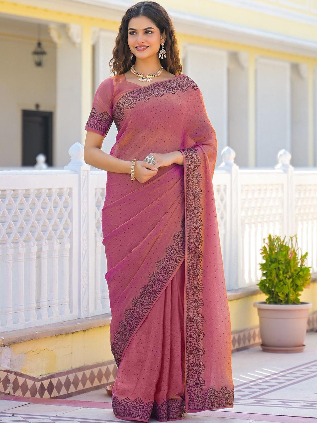 Buy Satrani Ethnic Motifs Sequinned Pure Chiffon Saree - Sarees for ...