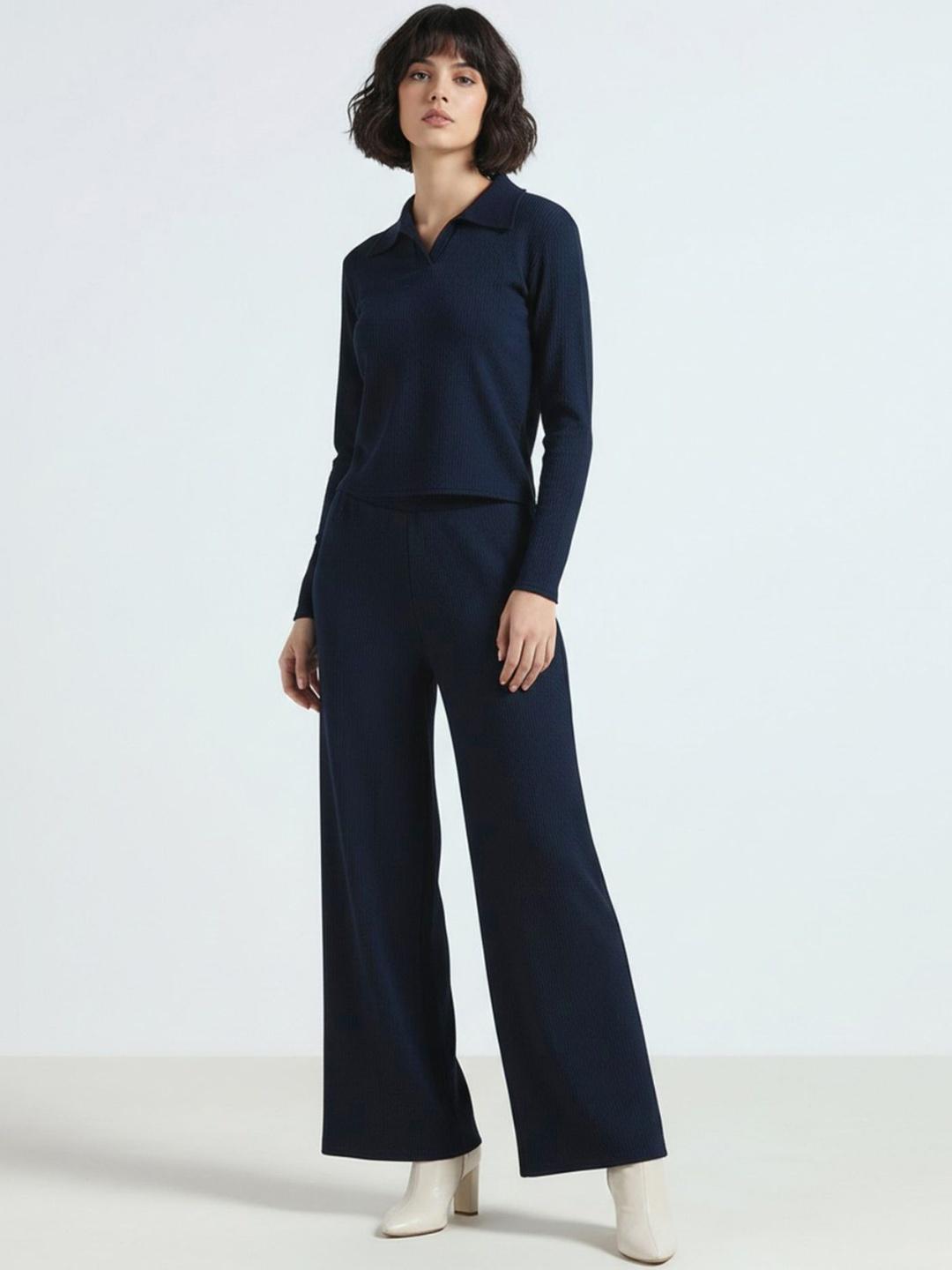 Buy Glitchez Womens Casual Navy Blue Solid Top & Trouser Co Ord Set -  - Apparel for Women